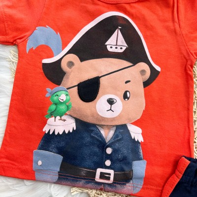  Conj. Camiseta Ursinho Pirata e Bermuda - Laranja e Marinho